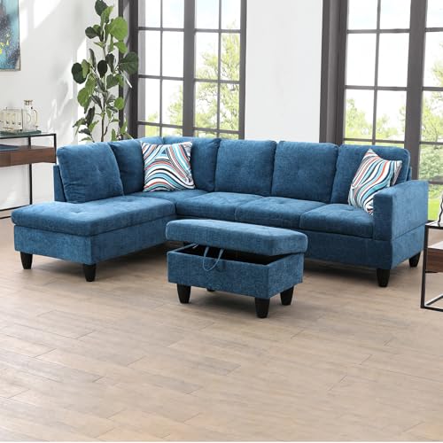 Couch, Sofa, Sectional Sofa, 3-Piece 4 Seat L Shaped Couch with Chaise and Storage Ottoman, Modern Fabric Couches for Living Room, Apartment