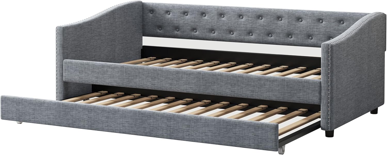Twin Size Daybed with Twin Size Trundle Upholstered Tufted Sofa Bed, with Button on Back and Copper Nail on Waved Shape Arms, Light Grey