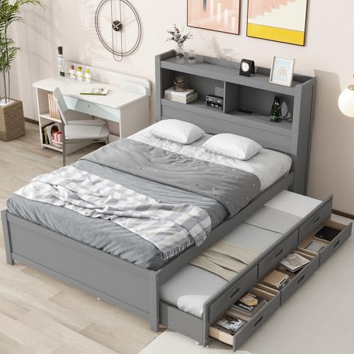 Full Size Storage Bed with Bookcase Headboard and Trundle, Wood Platform Bed Frame with Charging Station