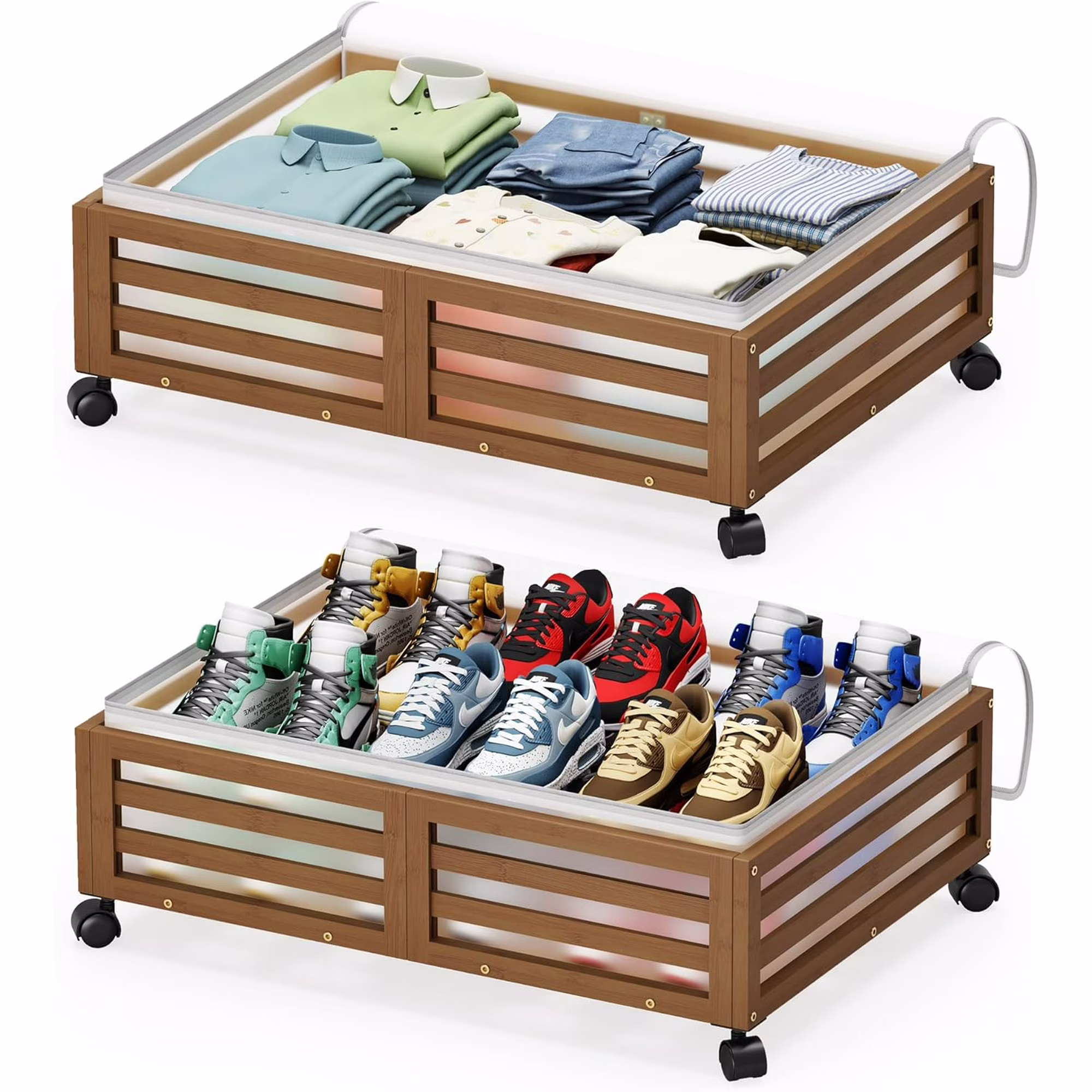 Under Bed Storage Containers With Wheels - 2 Pcs Bamboo Wood Rolling Underbed Shoe Storage Bins With Dust Bags for Clothes Blankets