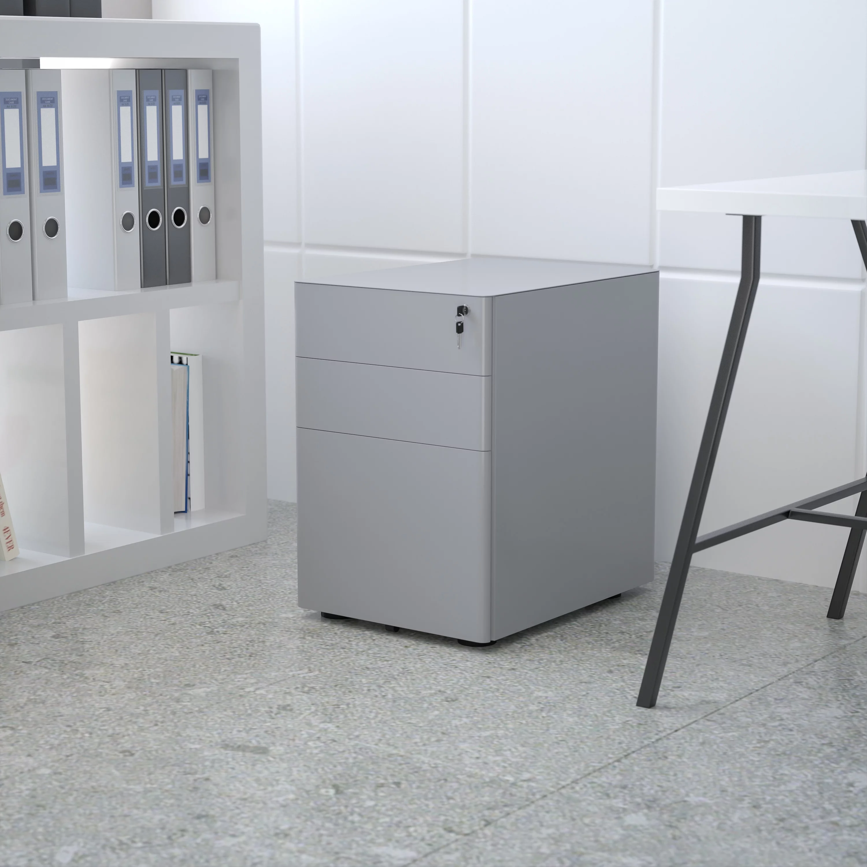 BizChair Modern 3-Drawer Mobile Locking Filing Cabinet with Anti-Tilt Mechanism and Hanging Drawer for Legal & Letter Files, Gray
