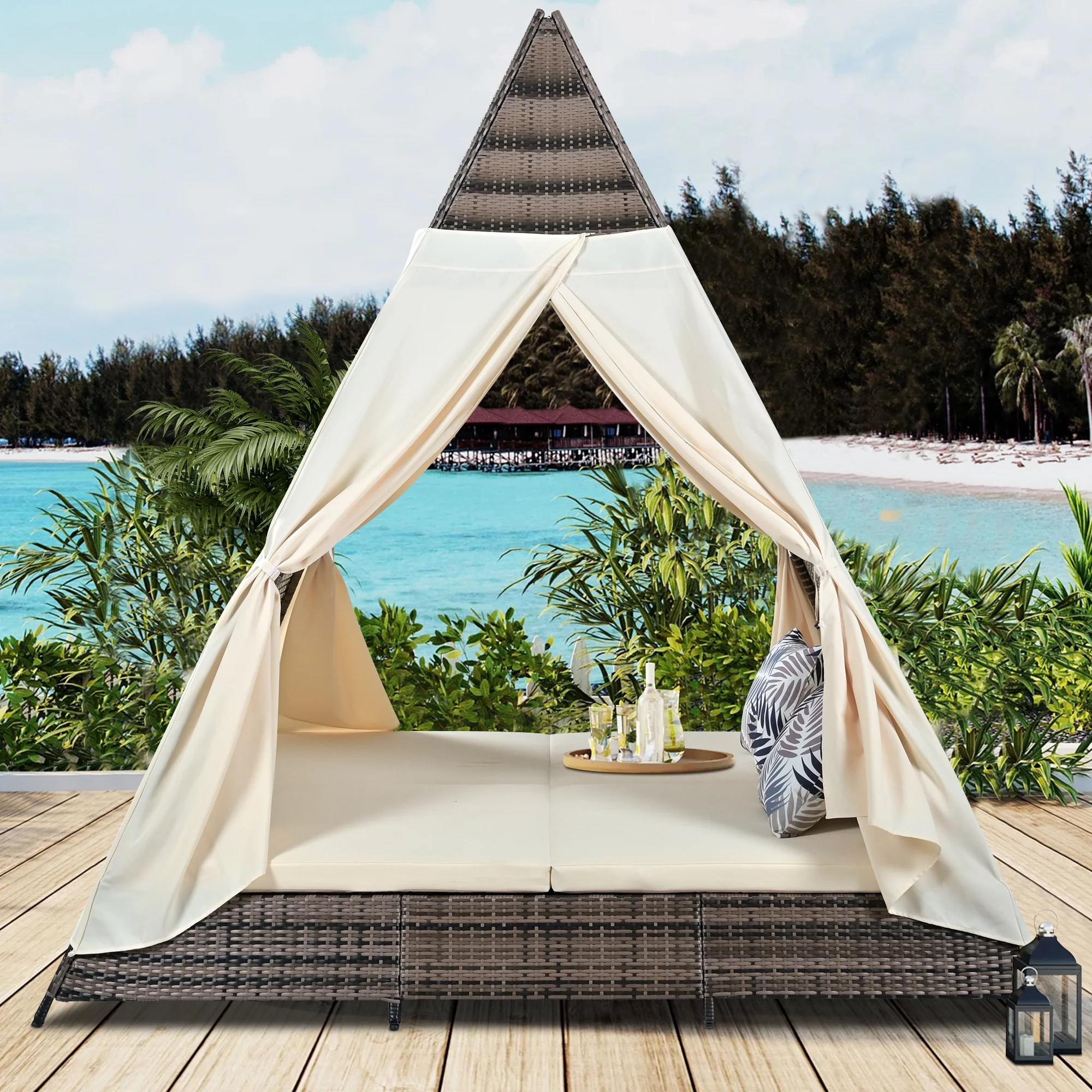 Syngar Outdoor Patio Sunbed with Removable Curtain, All Weather PE Wicker Tent-Shaped Daybed with Beige Cushions and Colorful Pillows