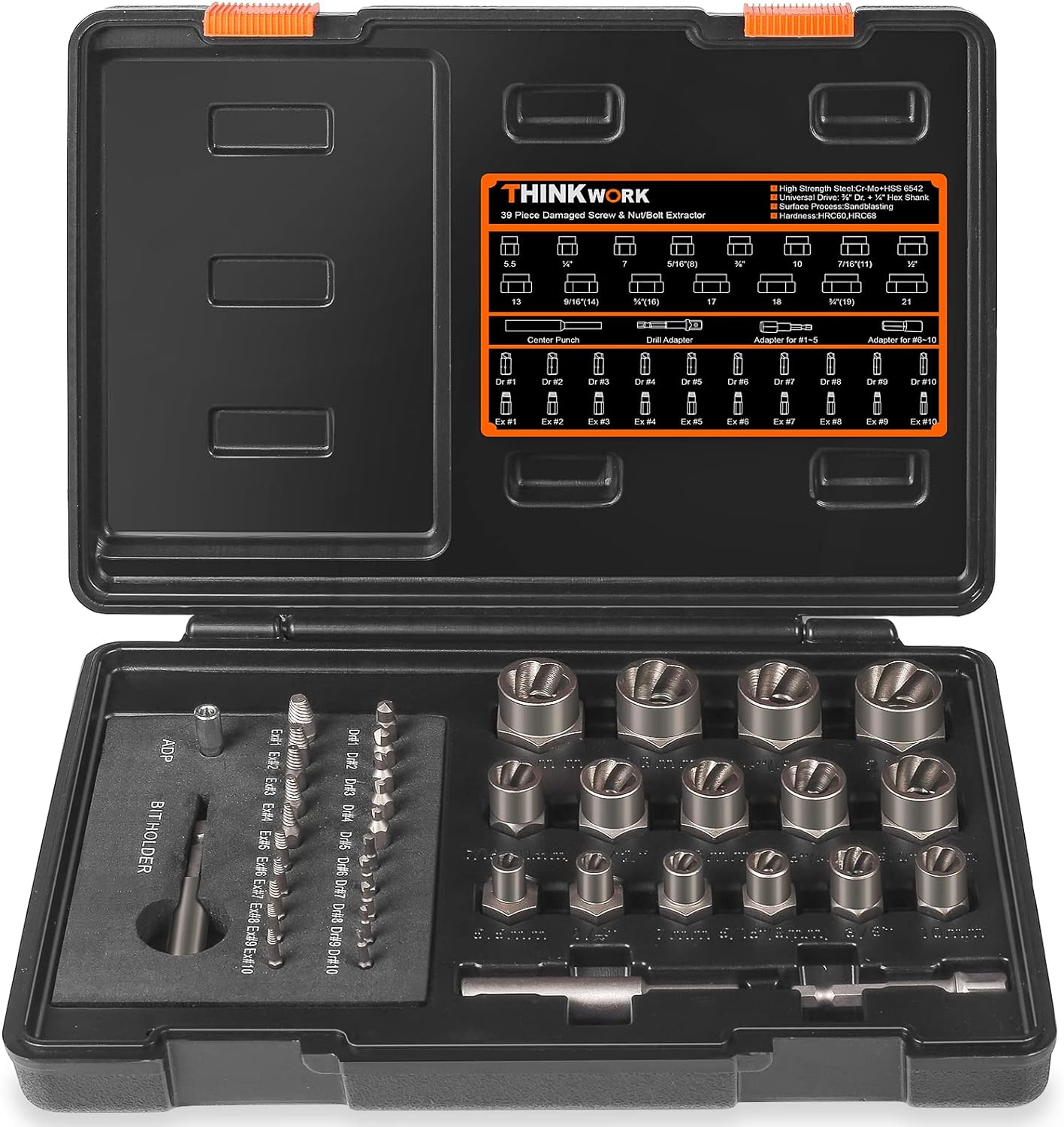 THINKWORK Damaged Screw Extractor Set & Bolt Extractor Set, HSS 6542 (68 HRC), 39-Piece Stripped Screw Remover, Lug Nut Remover for Removing Damaged
