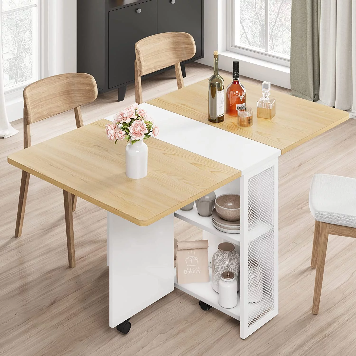 RUNFAYBIU Space Saving Folding Dining Table with 2 Tier -Extendable Drop Leaf Farmhouse Wood Kitchen Dining Room Tables Set for 4  Collapsible
