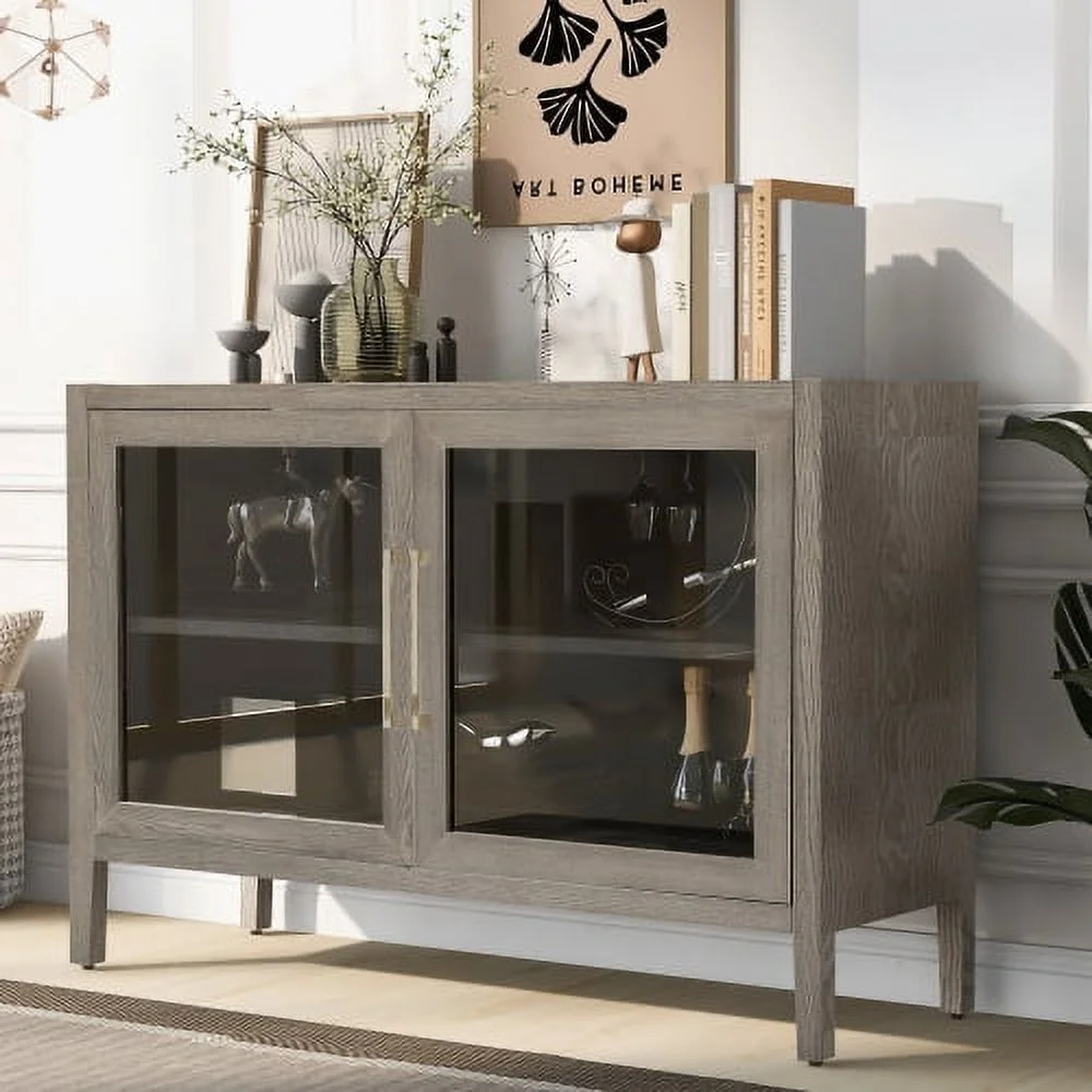 Motent Wood Storage Cabinet with Two Tempered Glass Doors ,Four Legs and Adjustable Shelf,Suitable for Living Room, Study and Entrance, Gray