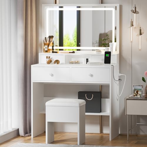 Haewon White Makeup Vanity with Lighted Mirror and Charging Station, Vanity Table Set with Adjustable Lighting, 4 Drawers, Storage Chair for Bedroom
