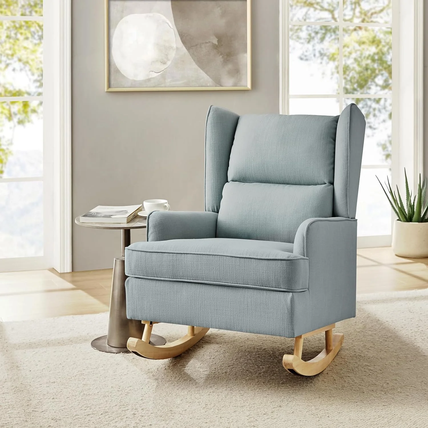Modern Accent Rocking Chair Tufted Upholstered Linen Wingback For Nursery, Comfy Living Room Lounge Armchair
