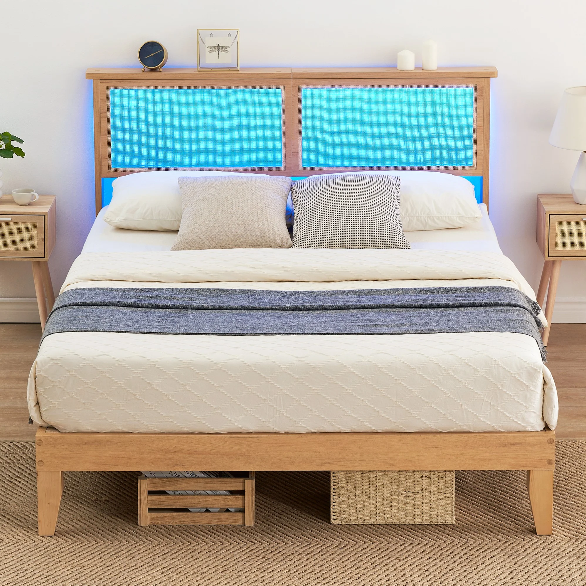 IDEALHOUSE 12.4 Inch Solid Wood Full Bed Frame with Natural Rattan Headboard, Platform Full Size Bed Frame with LED Lights, Mattress Foundation