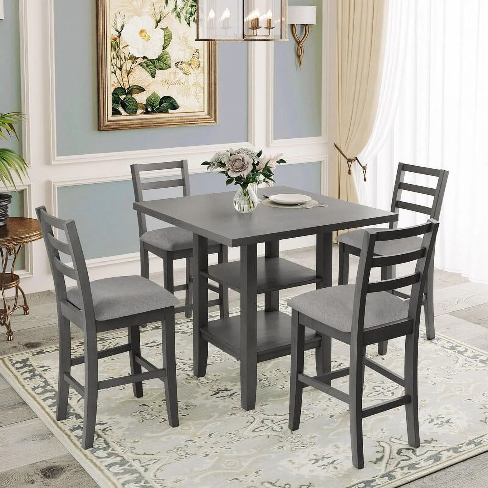 Dining table set of 4 square tables set of 4, rustic kitchen table with 4 upholstered chairs Espresso