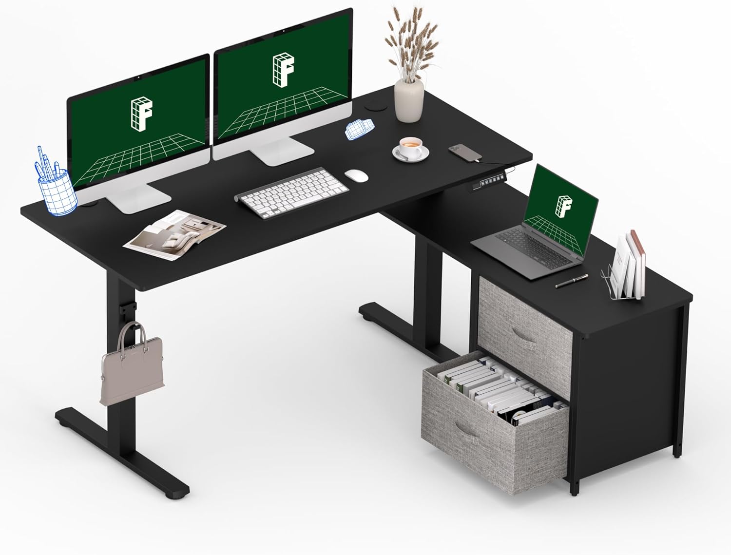 FLEXISPOT 55'' L Shaped Standing Desk with Drawers, Adjustable Height Desk with Shelves