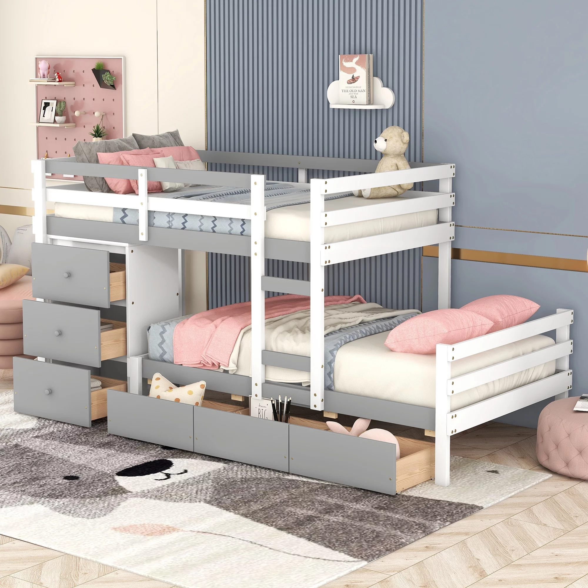Euroco Twin over Twin Bunk Bed with Six Drawers for Kids Room, Gray