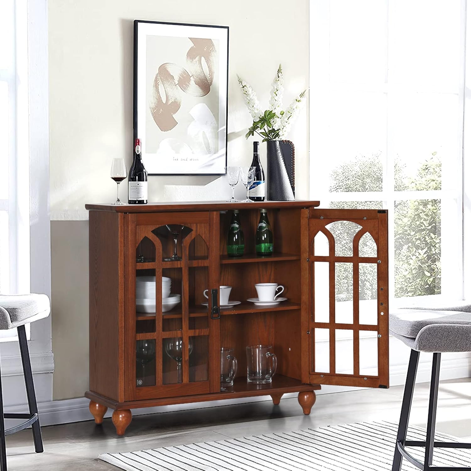 Sideboard Buffet Cabinet, Accent Wood Display Storage Cabinet with Glass Double Doors and Adjustable Shelves for Kitchen Living Dining Room Office
