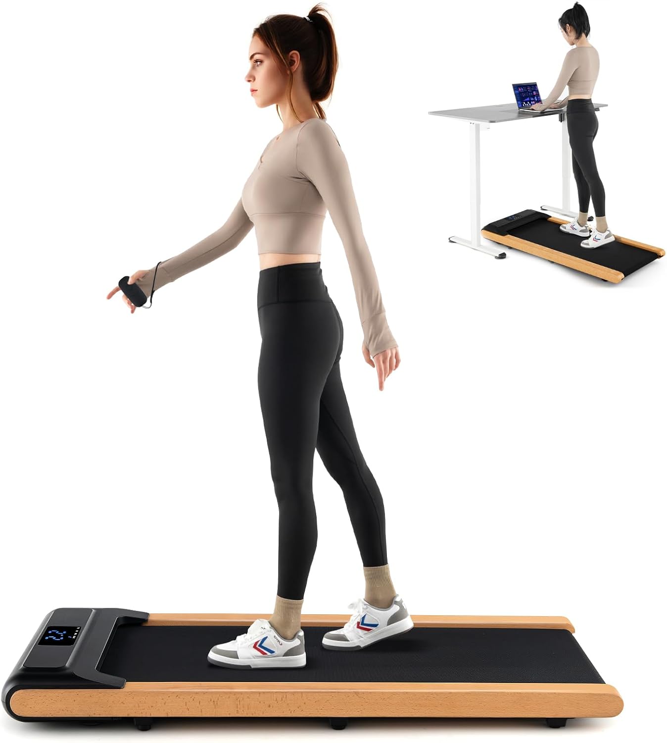 Goplus Walking Pad, Wooden Under Desk Treadmill for Home Office, Portable Walking Pad Treadmill with Remote Control, APP Control and LED Display