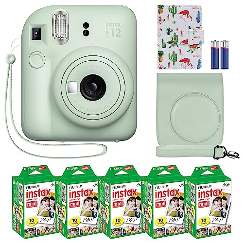 Fujifilm Instax Mini 12 Instant Camera + MiniMate Accessory Bundle & Compatible Custom Case + Fuji Instax Film Value Pack (50 Sheets) Flamingo