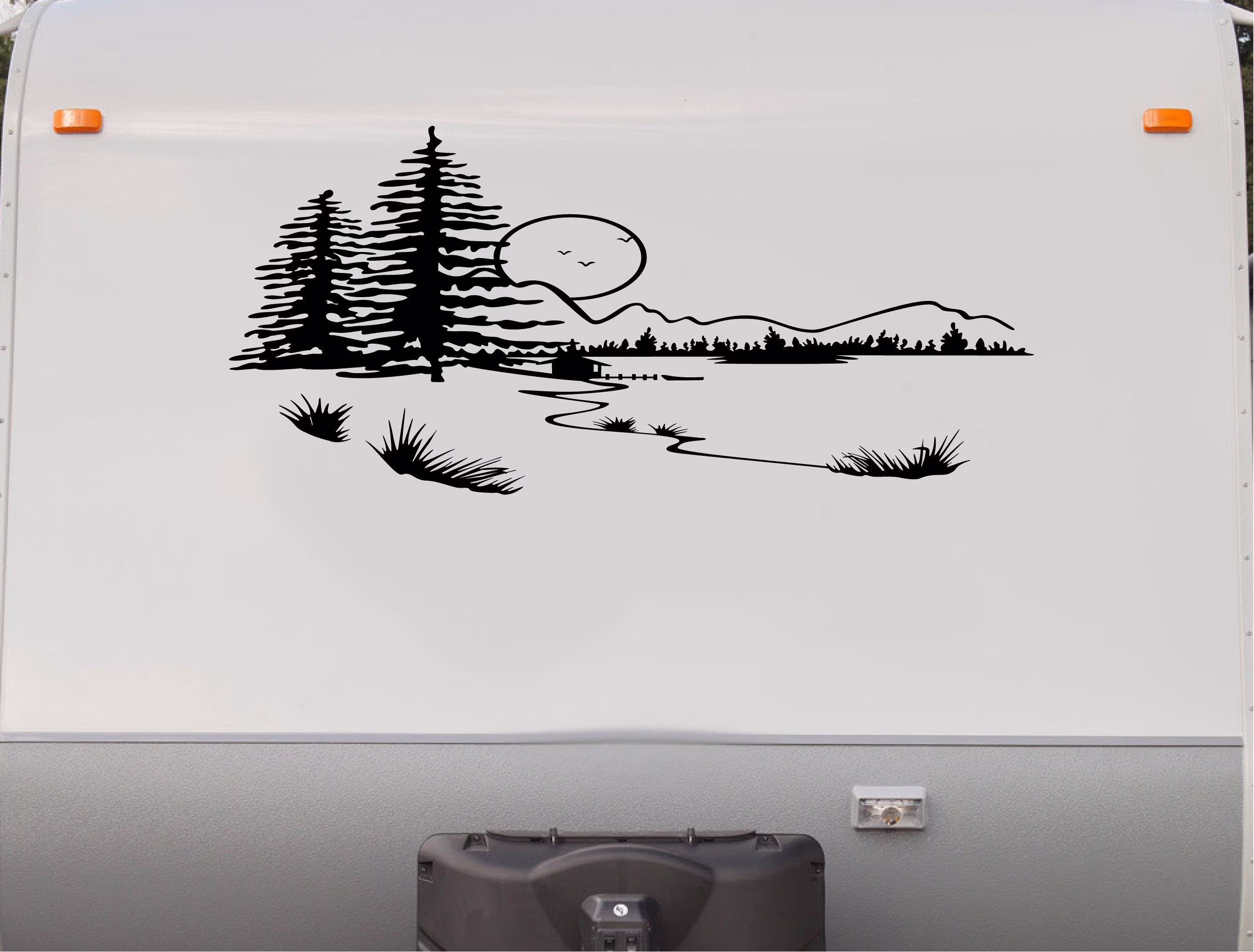 RV Camper Vinyl Decal Sticker Cabin Lake Scene