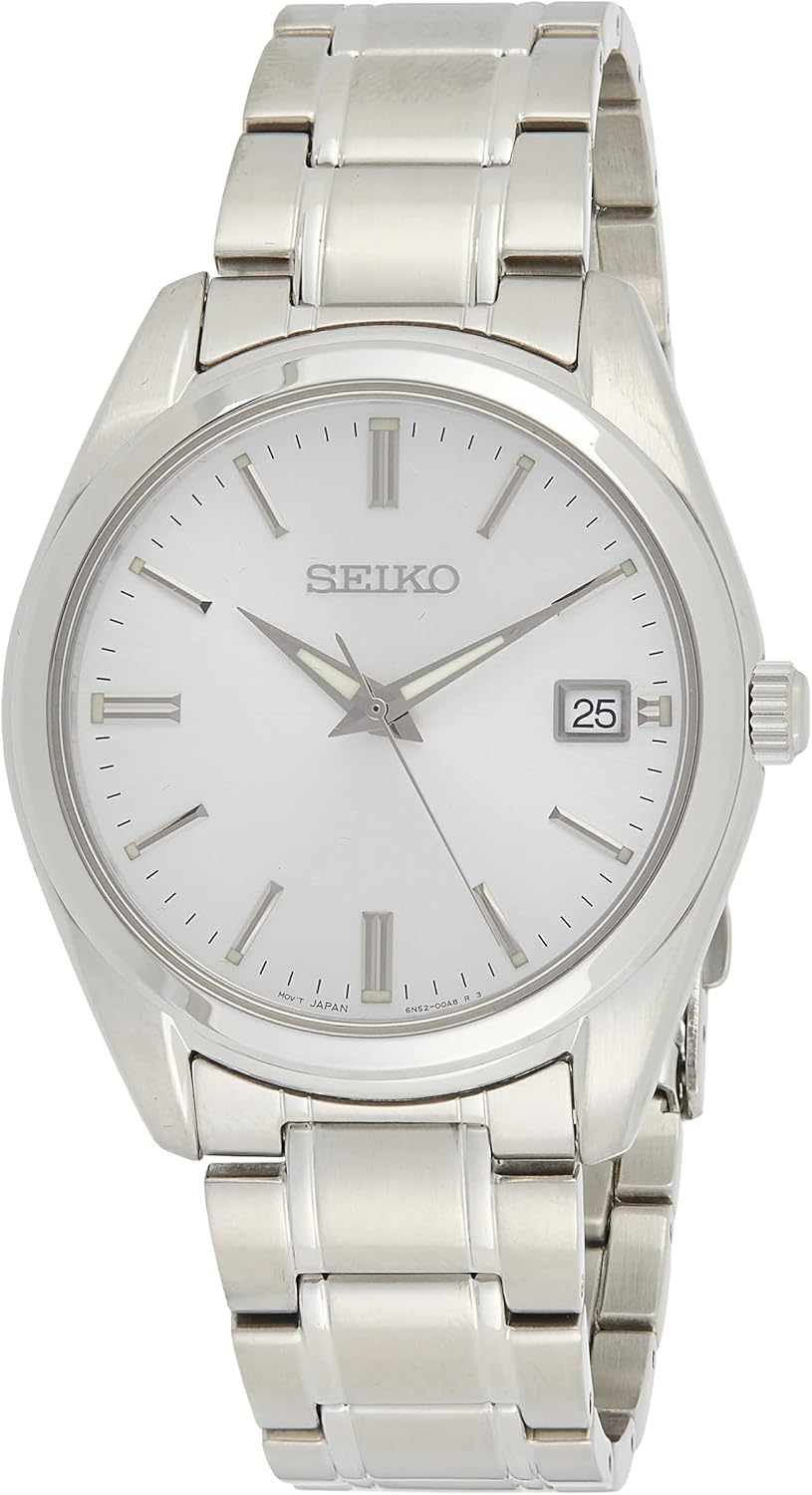 Seiko SUR307 Watch for Men - Essentials - Silver Dial with Sunray Finish, Date Calendar, LumiBrite Hands, Stainless Steel Case & Bracelet