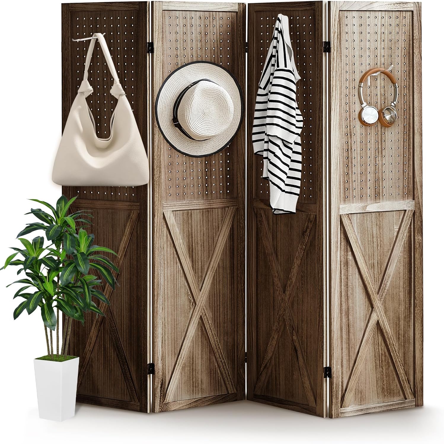 Pegboard Display Wood Room Divider 4 Panel, Folding Privacy Screens, Peg Board Room Divider, 5.6Ft Room Divider