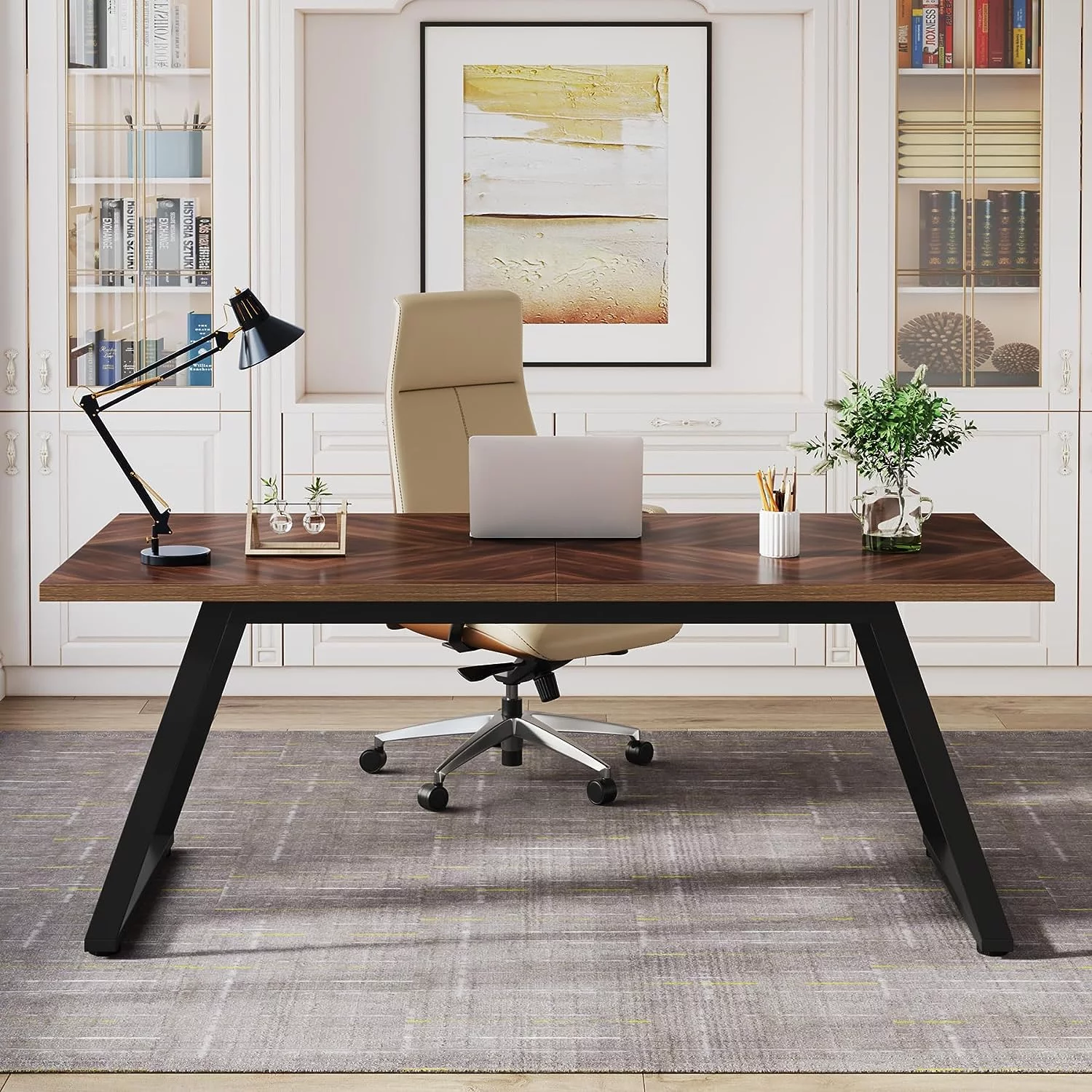 Tribesigns 63" Executive Desk, Large Computer Desk Writing Table with Thickened Frame for Home Office, Brown