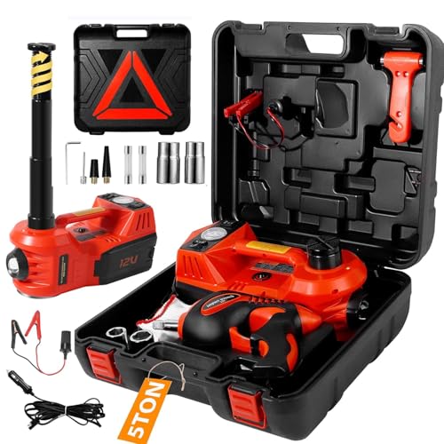 Electric Car Jack Kit 5 Ton 12V Floor Jack with Impact Wrench and Tire Inflator Pump Portable Hydraulic Car Jack for SUV Sedans Tire Change with LED