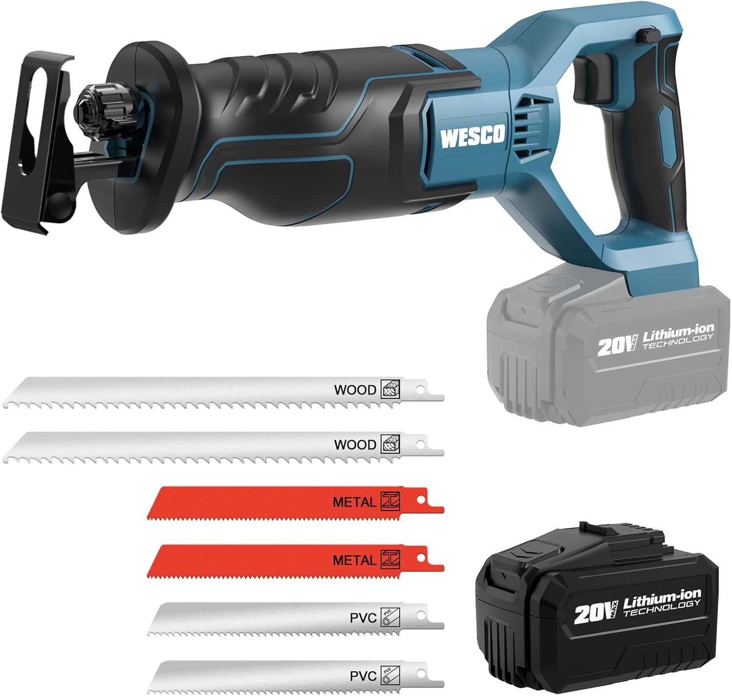 WESCO 4.0Ah Cordless Reciprocating Saw, Variable Speed&Tool-free Blade Change, 6 Saw Blades, Powerful Saw Reciprocating for Wood & Metal Cutting