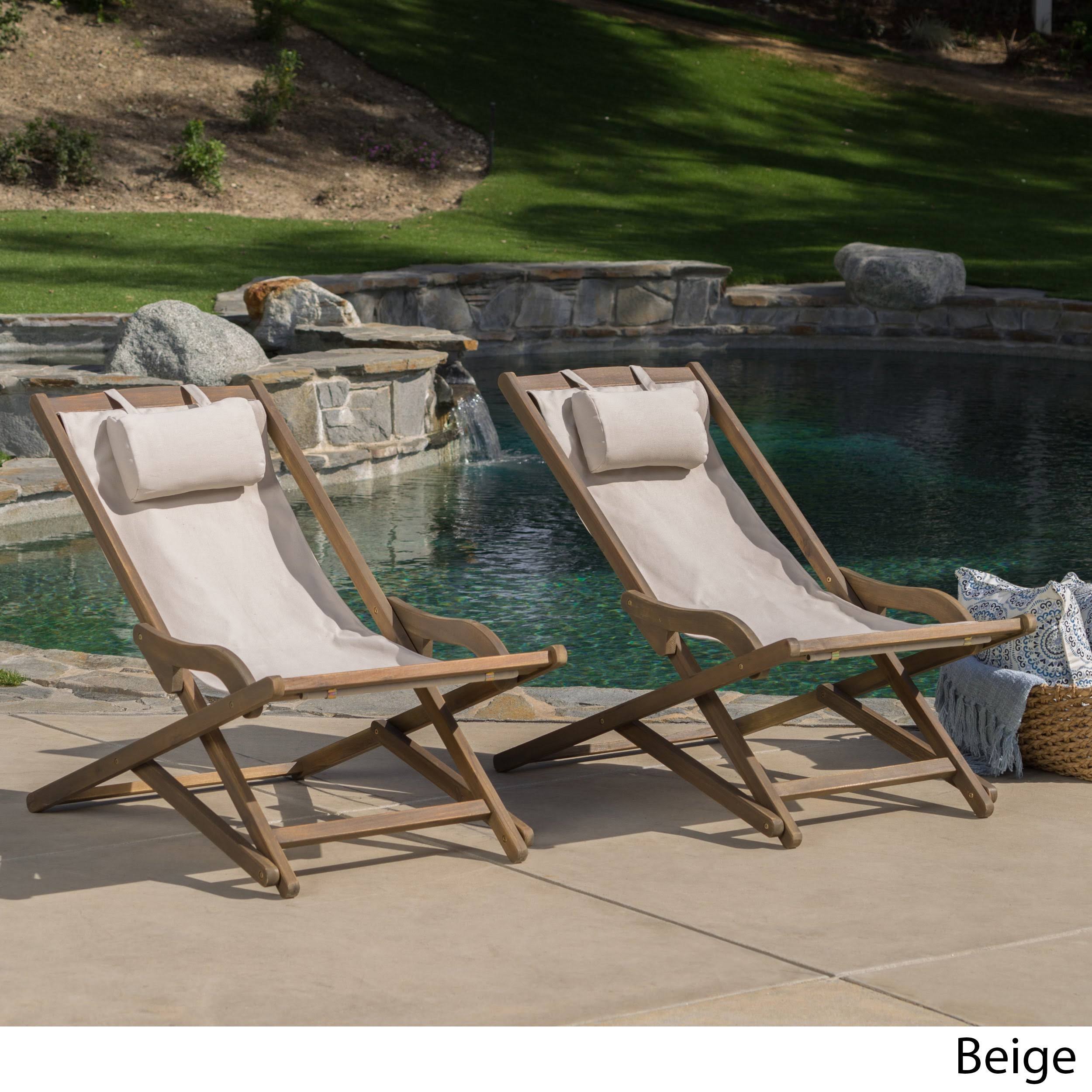 Nikki Outdoor Wood and Canvas Sling Chair - Set of 2 Beige