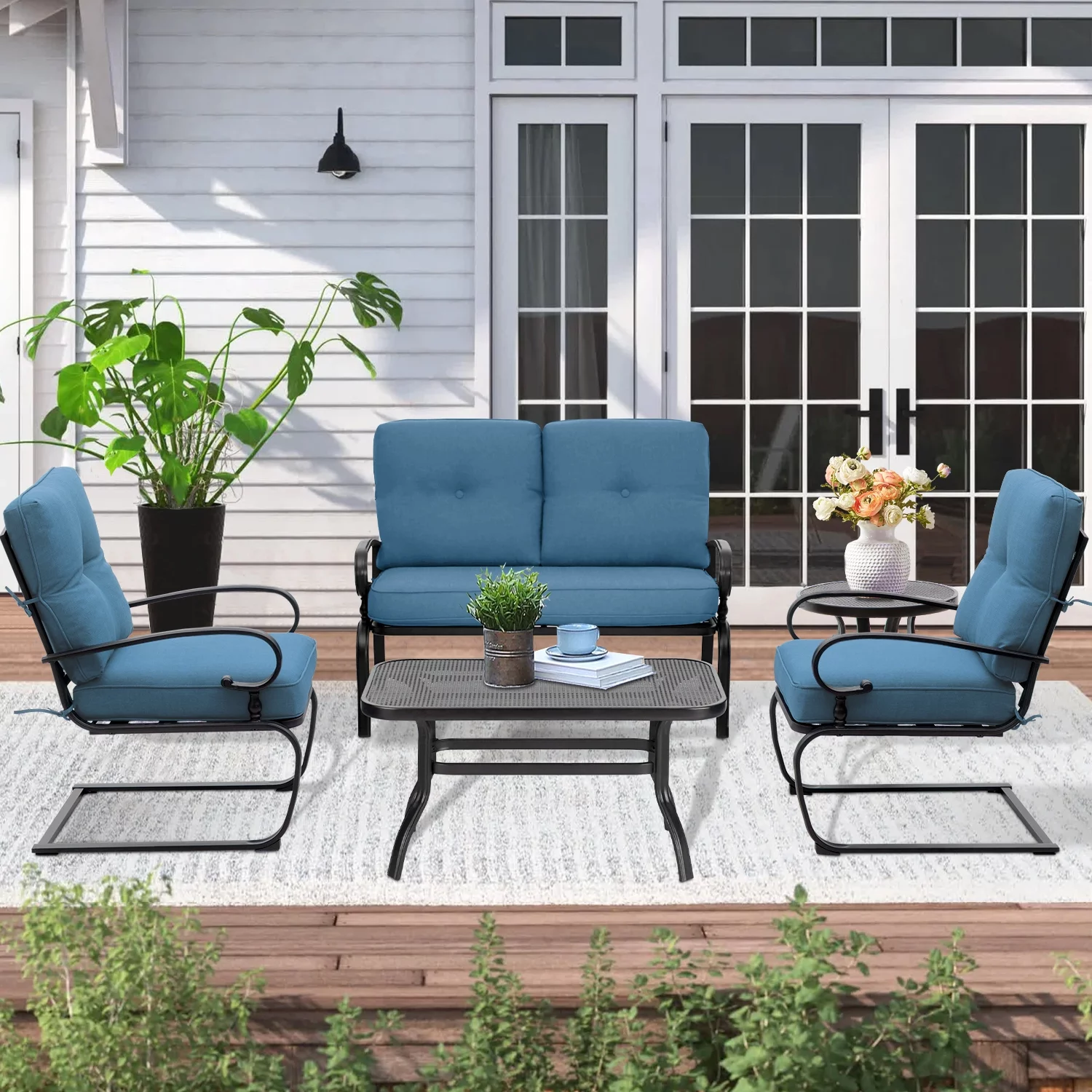 SUNCROWN 5-Piece Outdoor Patio Furniture Metal Conversation Set Loveseat and Chairs with Tables, Peacock Blue