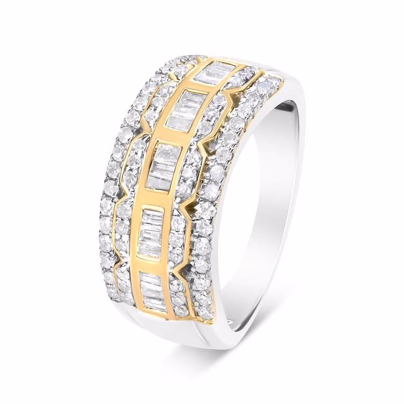Infinite Jewels  10K White & Yellow Gold 1.00 CTTW Baguette & Round Cut Diamond Art Deco Multi-Row Ring Band, I-J Color - I1-I2 Clarity - Ring Size 7