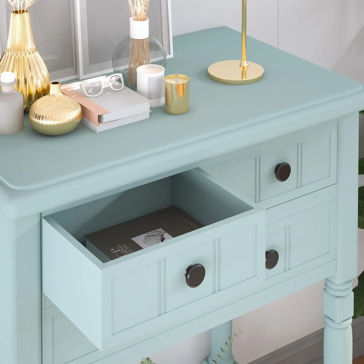 Console Tables For Entryway - Solid Wood Navy Blue 26” Entryway Table With Storage - Hallway Table For Entryway & Three Drawers