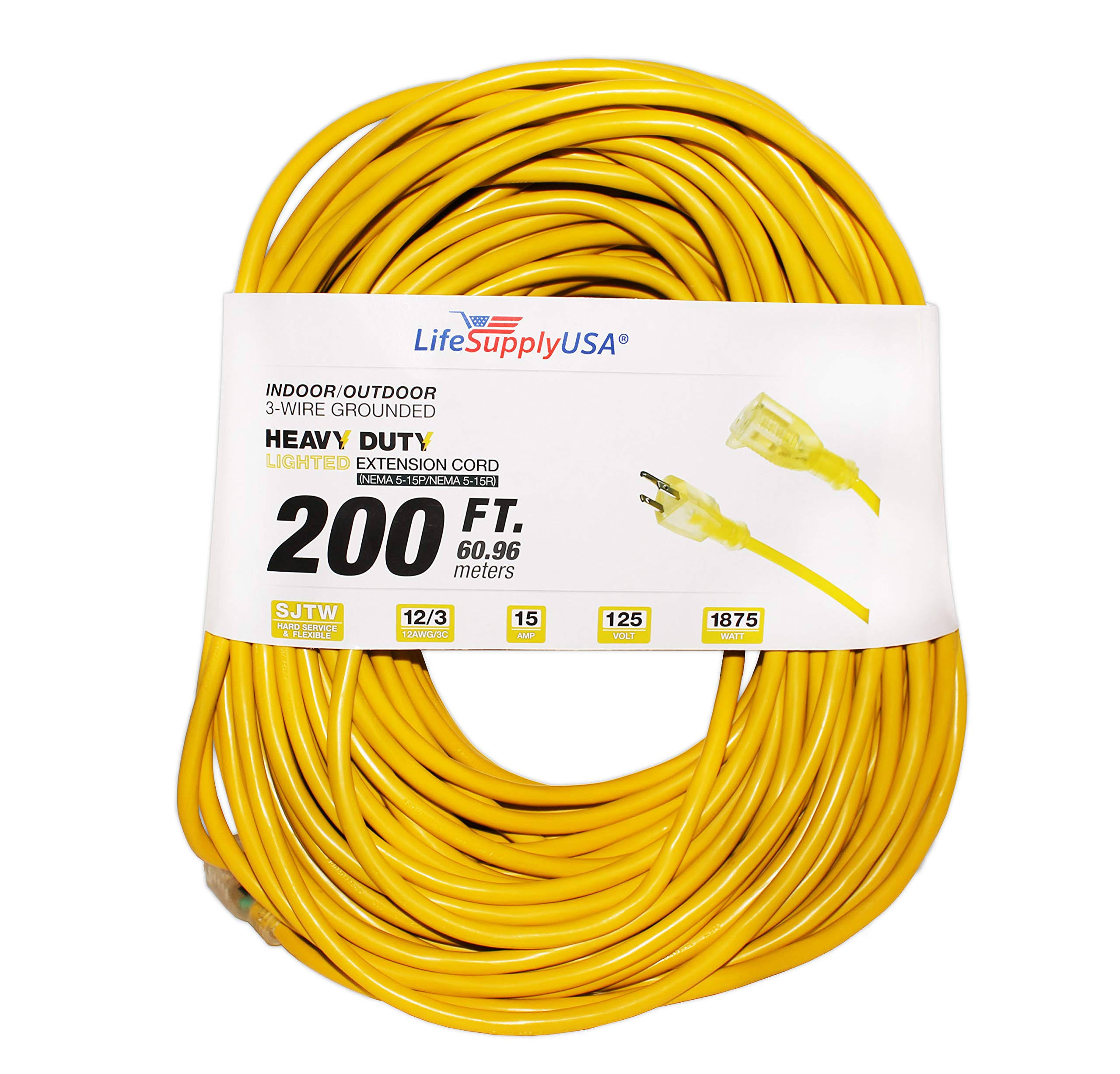 LifeSupplyUSA 12/3 200 ft. SJTW 15 Amp, 125-Volt, 1875-Watt Lighted End Heavy-Duty Extension Cord, Yellow