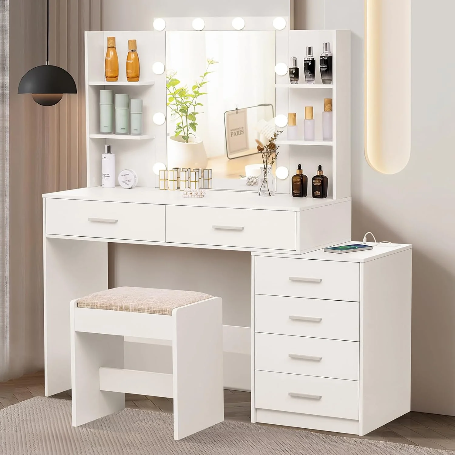 ONKER 48" Large Vanity Desk with Mirror & Lights, Makeup Vanity Table with 6 Drawers & Power Outlet, 4 Open Storage Shelves