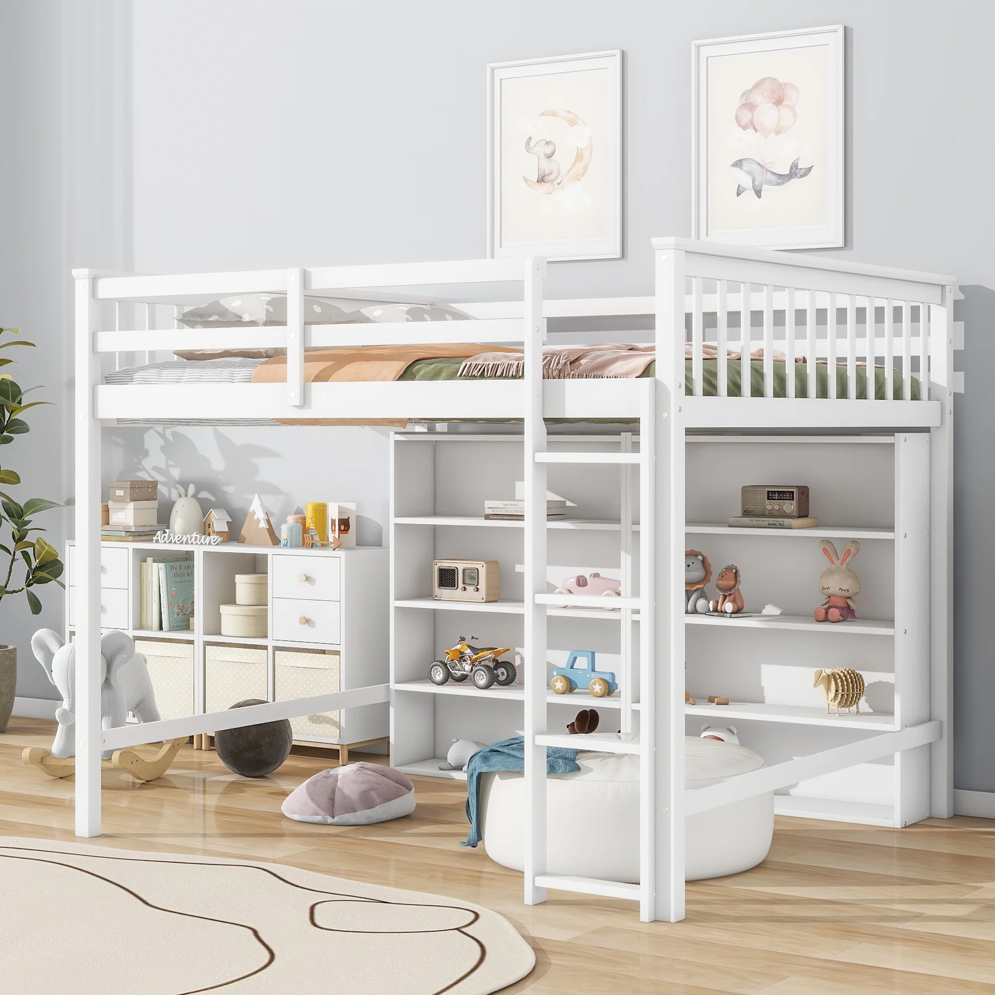 Churanty Wood Full Size Loft Bed with 8 Open Storage Shelves, Full Loft Bed Frame with Built-in Bookcase for Dorm Kids Teens, White