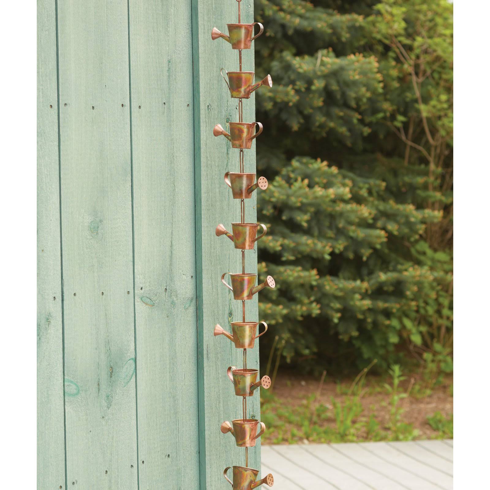 Ancient Graffiti Watering Can Flamed Rain Chain, Copper