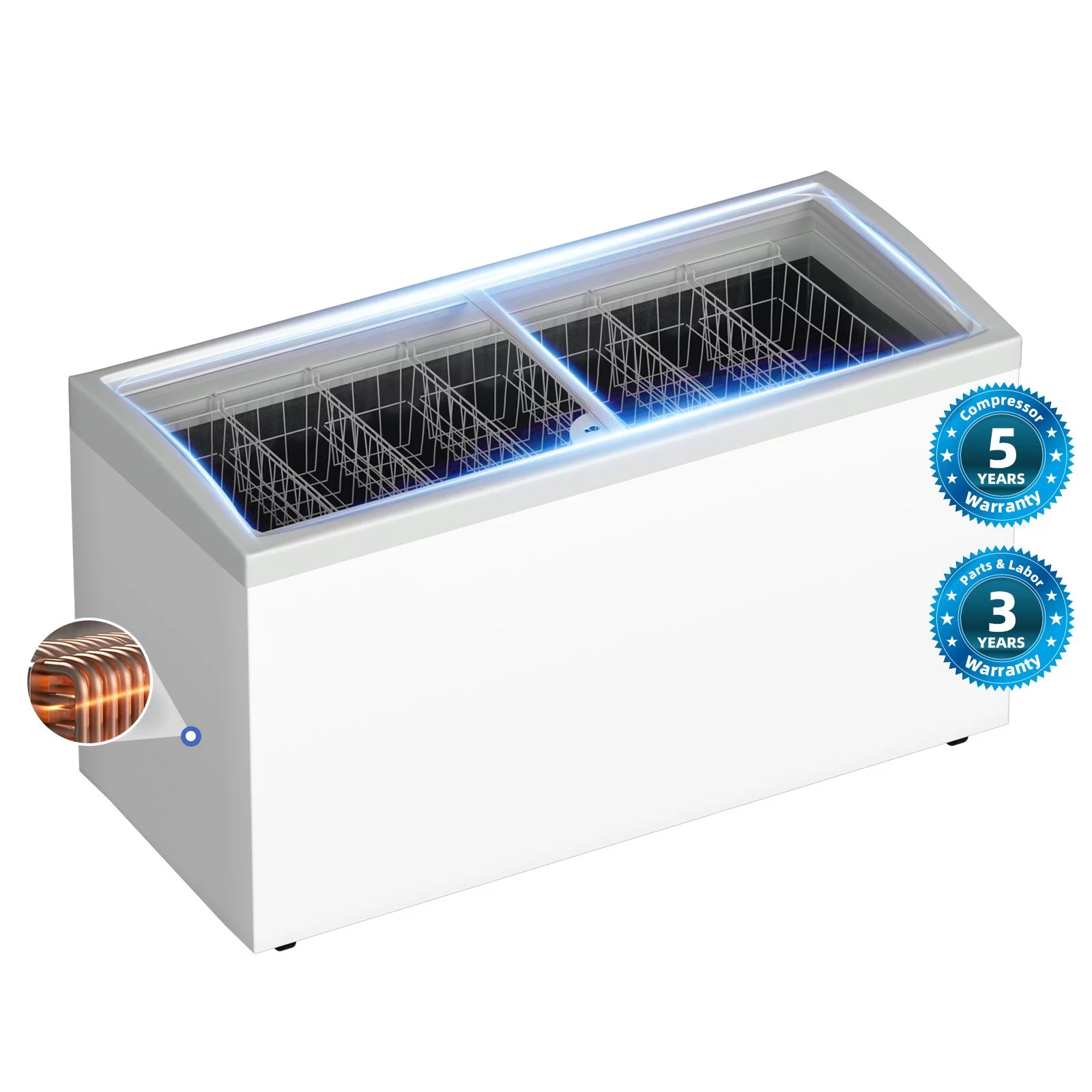 Hoccot 20 Cu.Ft Ice Cream Display Freezer Commercial Freezer 71 in. Cabinet Curved Glass Door 7 Removable Baskets White