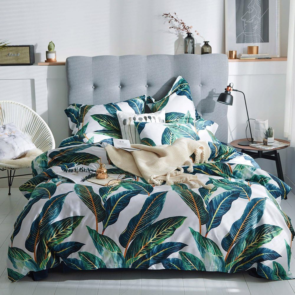 MKXI Home Duvet Cover Set Zipper Closure Vintage Print Quilt Cover Set White Queen Green Tropical Leaves Pattern Reversible Cotton Luxury Bedding