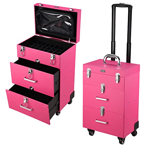 BYOOTIQUE Rolling Makeup Train Case Lockable Portable Cosmetic Organizer Trolley 2 Drawer Beauty Salon