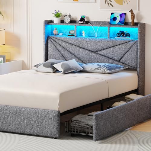 Queen Bed Frame with 4 Storage Drawers, Upholstered Bed Frame Queen Size with LED Lights Headboard and Charging Station, No Box Spring Needed