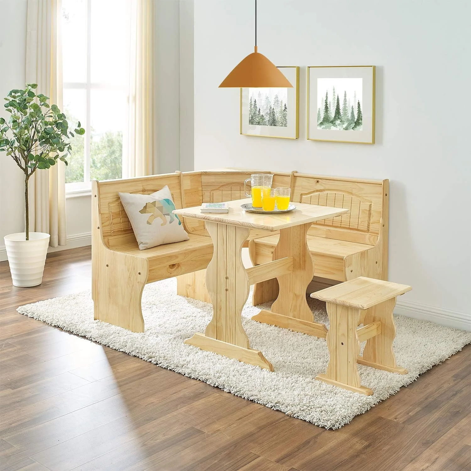 Traditional 3 Piece Solid Wood Breakfast Nook Dining Table Set With Side Bench, Hidden Storage Nook Table Set For Small Space