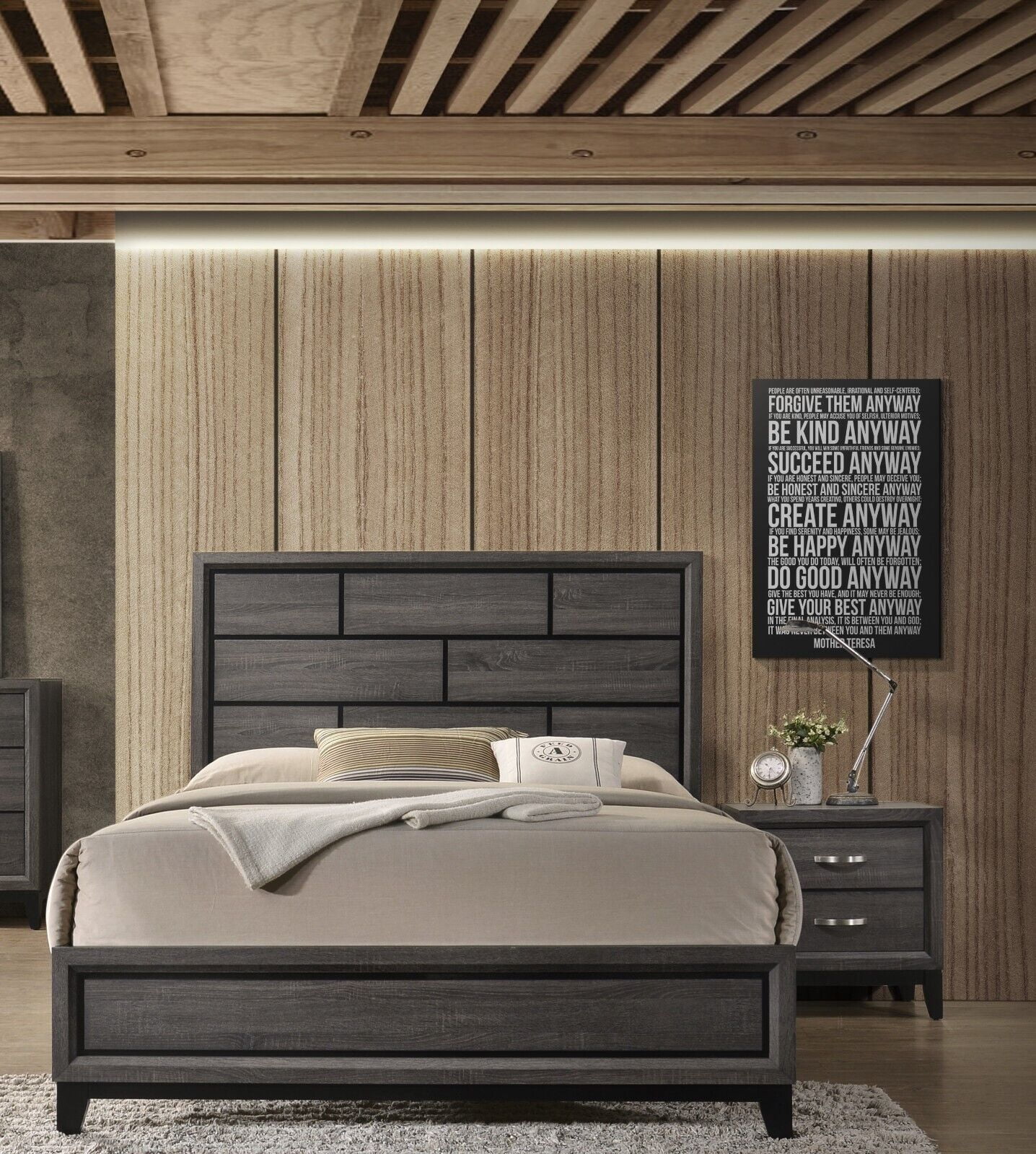 Contemporary Style 3pc Full Size Panel Bed and 2x Nightstands Bedroom Furniture Set Gray Finish