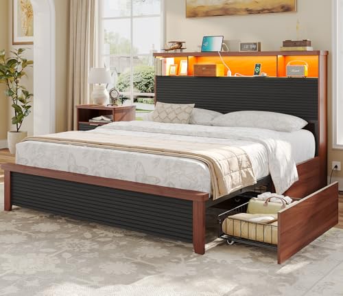 VIAGDO Wood Bed Frame Full Size with 4 Storage Drawers and Charging Station, Fluted Led Full Bed Frame with 2 Tier Storage Headboard