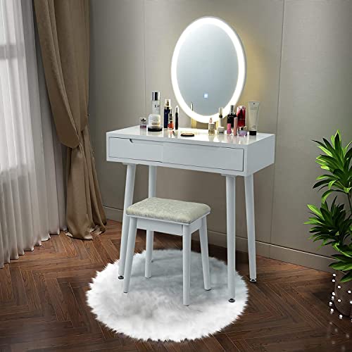 LDAILY Vanity Table Set with 3-Color Lighted Dimming Mirror, Wooden Makeup Table with Cushioned Stool & 2 Sliding Drawer, Touch Screen