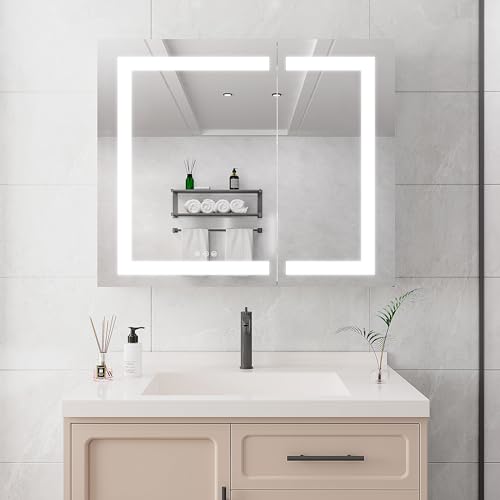 Medicine Cabinet with LED Vanity Mirror, Anti-Fog, Dimmable, Recessed or Surface Mount