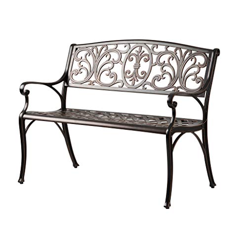 63284 Decatur Cast Aluminum Patio Bench Heavy Duty Rust Free Metal Construction Front Porch Backyard Lawn Garden Pool Deck Outdoors Fleur-De-Lis
