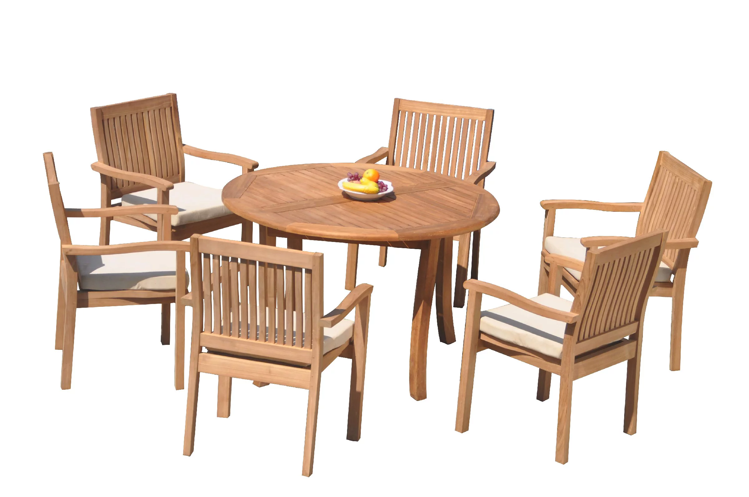 Grade-A Teak Dining Set: 6 Seater 7 Pc: 48" Round Table And 6 Leveb Stacking Arm Chairs Outdoor Patio WholesaleTeak #51LV1007