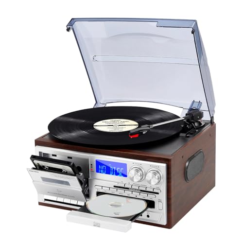 9 in 1 Record Player with External Speakers,3 Speed Bluetooth Turntable Vinyl Player with CD/Cassette Play,AM/FM Radio, USB SD/MMC Play