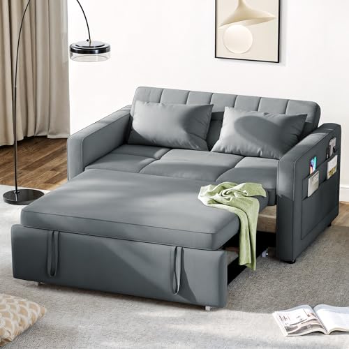 DWVO 55" Convertible Sofa Bed, 3-in-1 Sleeper Sofa with Pull-Out Bed, Velvet Futon Couch with Adjustable Backrest and Side Pocket