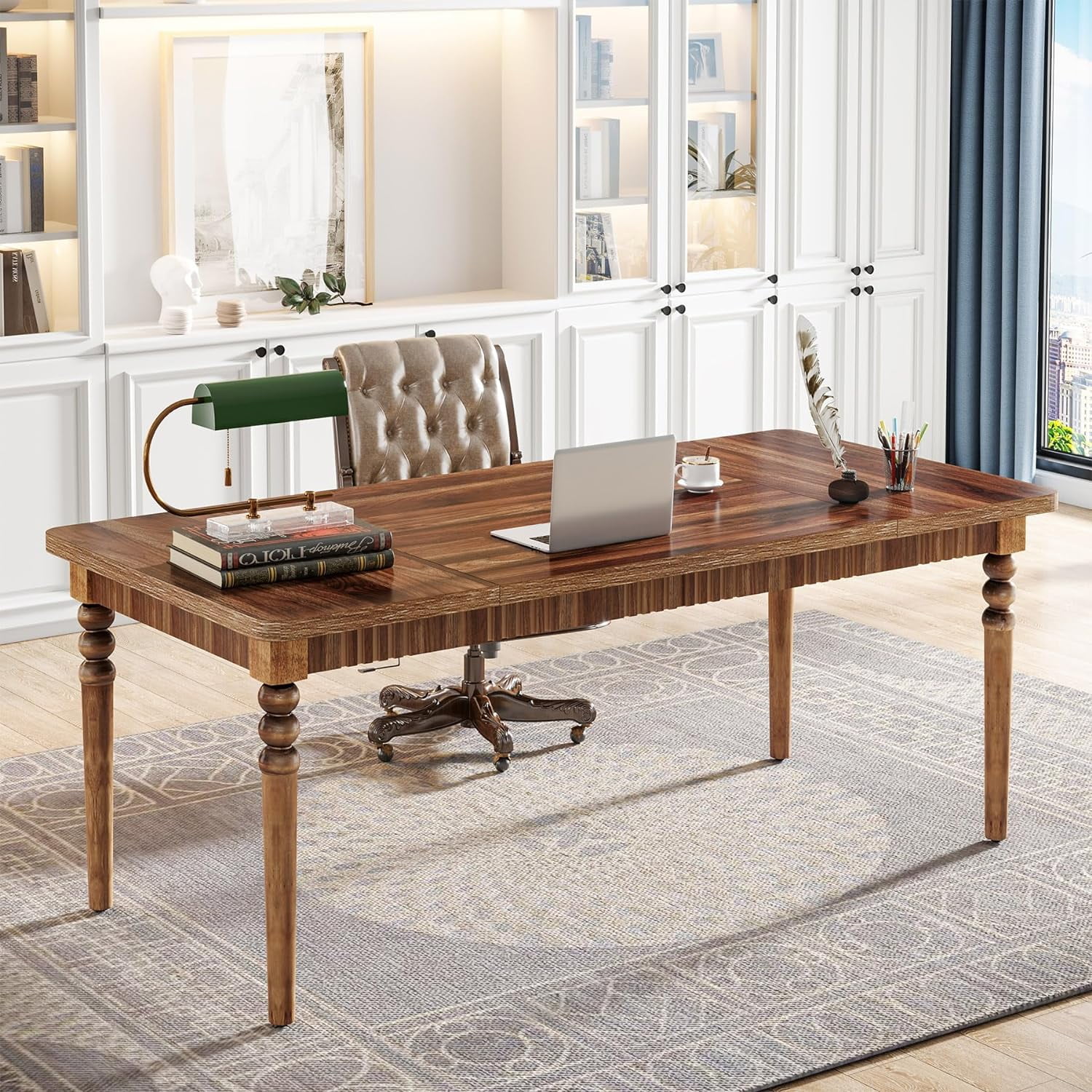 Tribesigns 63-Inch Executive Desk, Large Office Computer Desk with Solid Wood Turned Legs, Study Writing Table for Home Office, Walnut