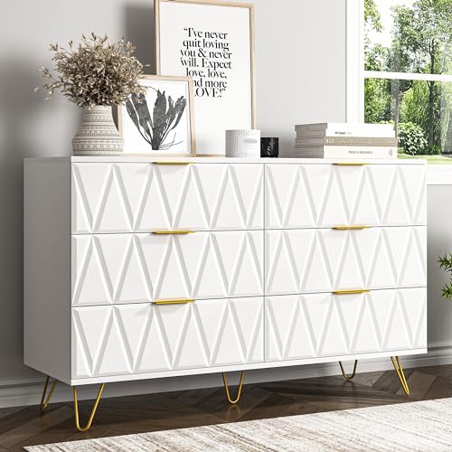 Vibe & Dine White 6 Drawer Dresser for Bedroom, Modern Double Dresser with Gold Handles and Legs, Wood Chest of Drawers with Wide Storage for Closet