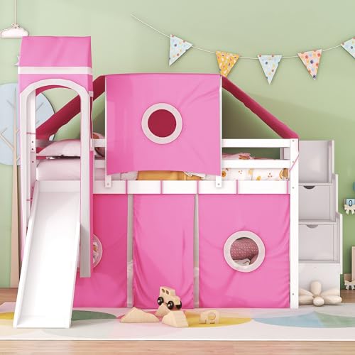 House Full Loft Bed with Slide,Storage Stairs and Tent, Wood Kids Loft Bunk Bed with Tower and Ladders, Playhouse Full Bed Frame for Kids, Teens