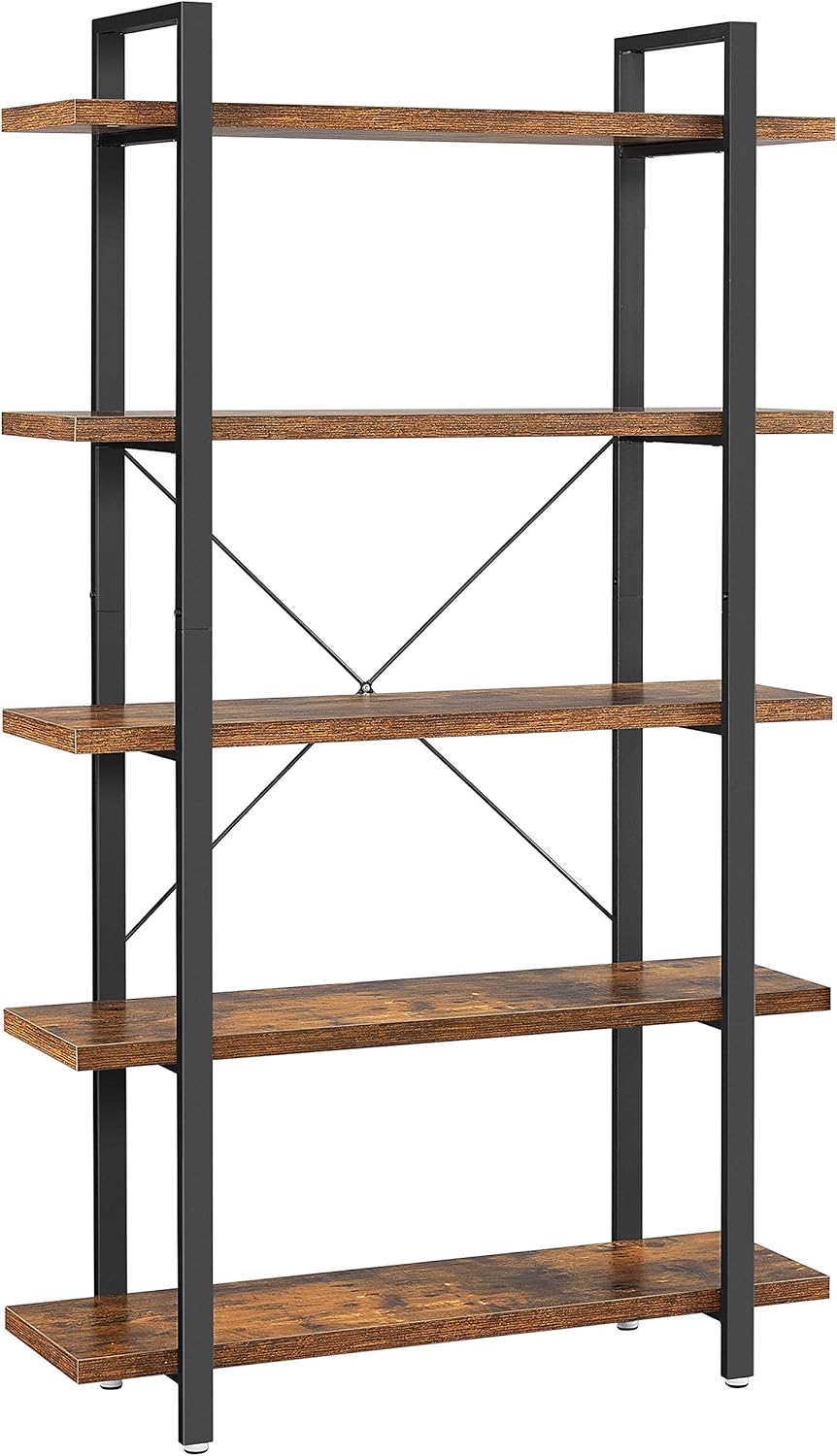 VASAGLE Industrial Bookshelf, 5-Tier Bookcase, Display Rack, Stable Ladder Shelf, Easy Assembly, Living Room, Bedroom, Office