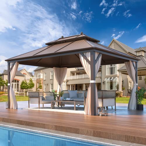 EROMMY 14'x20' Hardtop Gazebo Double Roof Galvanized Steel Canopy Outdoor Aluminum Frame Permanent Metal Pavilion with Netting and Curtains for Patio